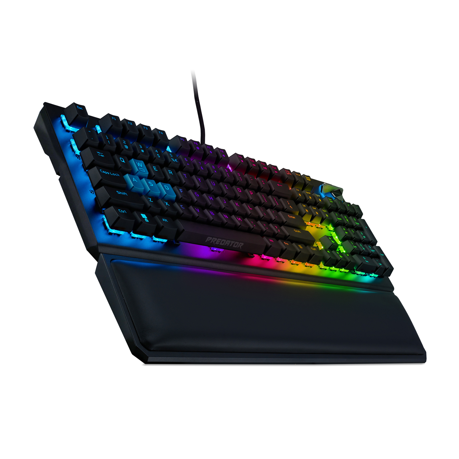 Una tastiera Predator nera con retroilluminazione RGB e poggiapolsi. I copritasti sono neri.