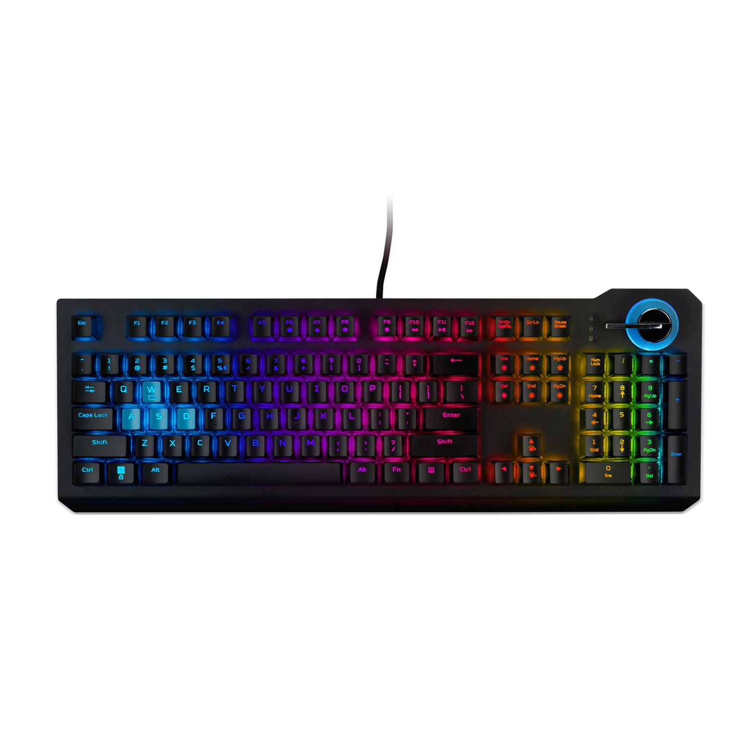 Tastiera da gioco nera con retroilluminazione arcobaleno e un quadrante blu.