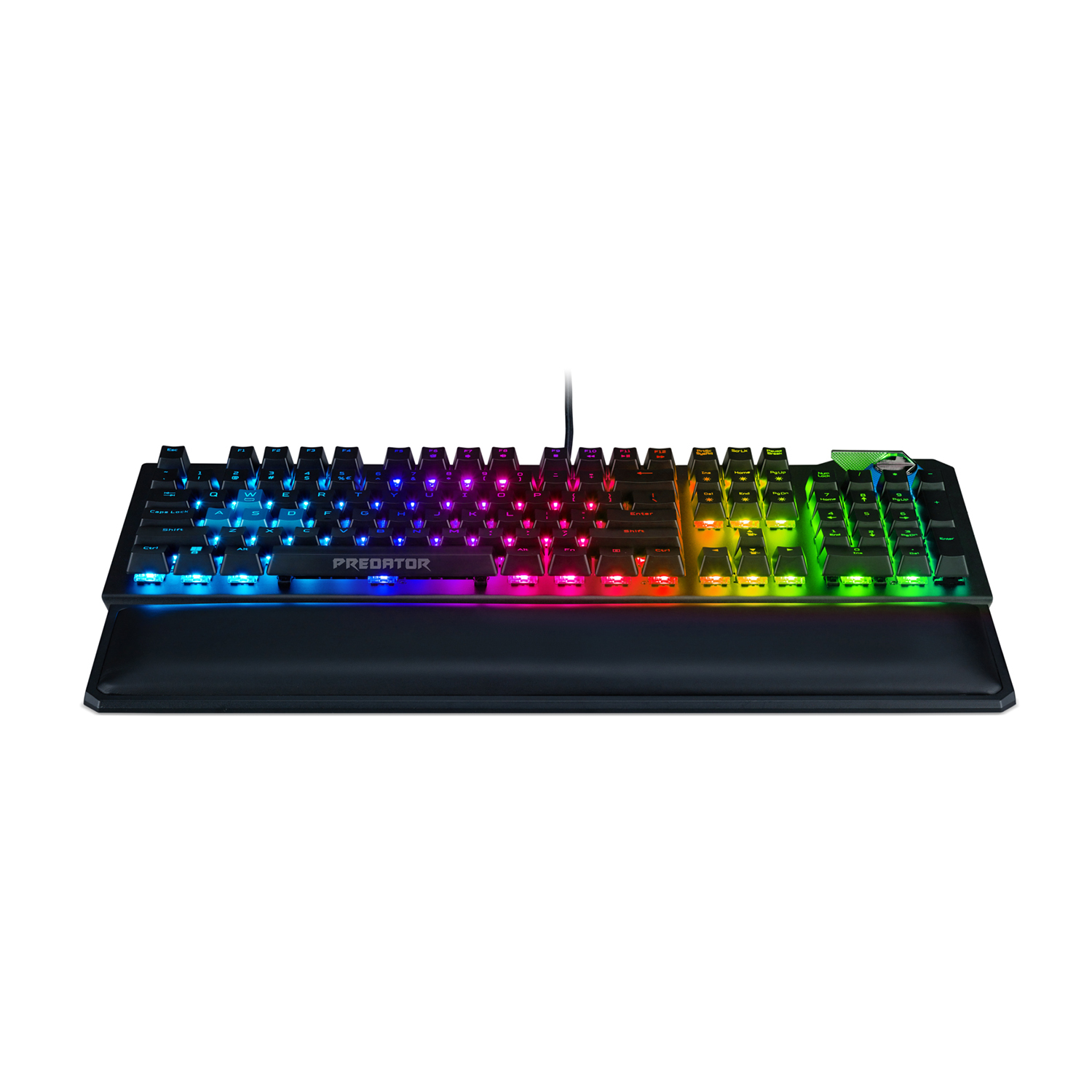 Tastiera da gioco nera con illuminazione RGB. Logo Predator sul davanti. Sfondo bianco.