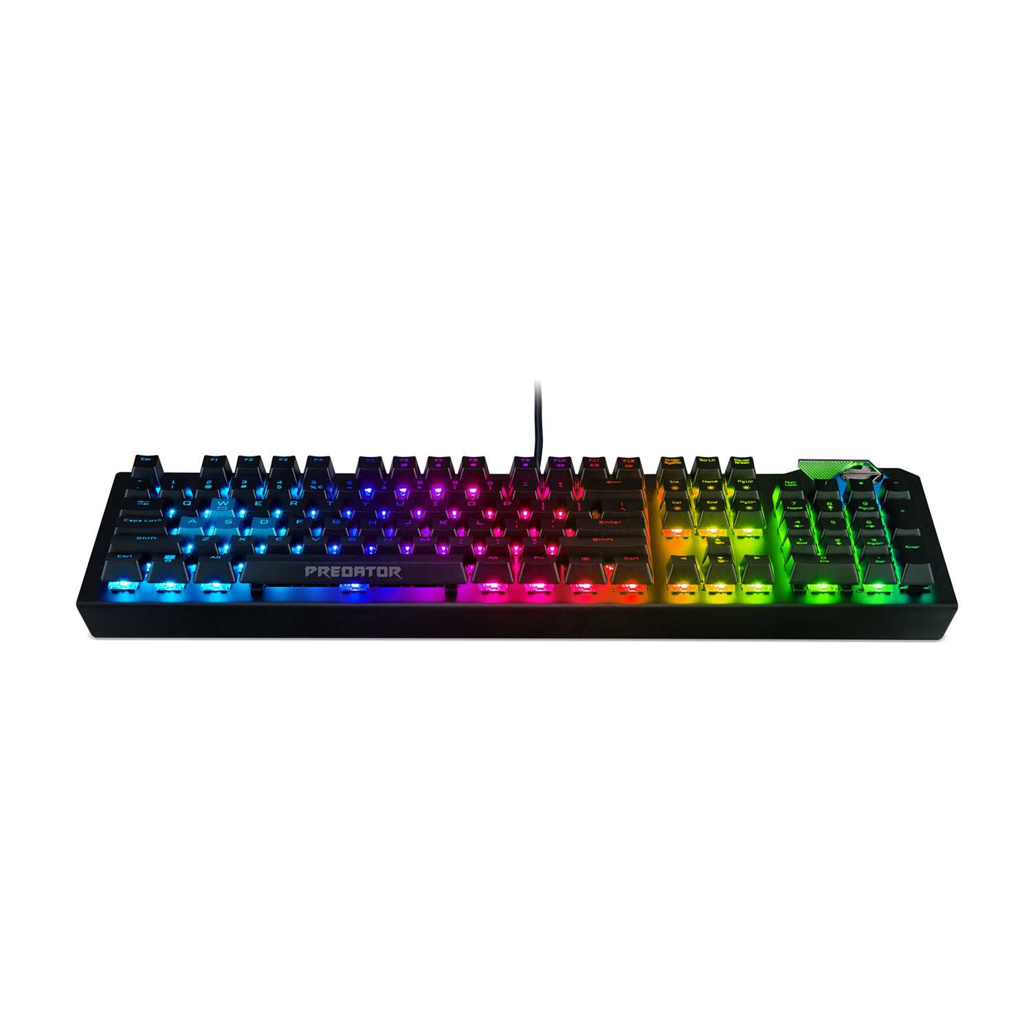 Tastiera da gioco nera con luci RGB. Logo Predatory in basso. Tasti illuminati in vari colori.