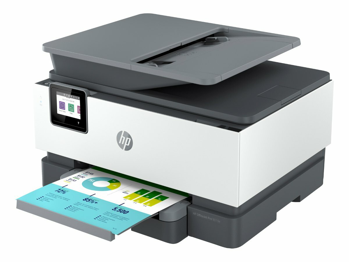 Biało-szara drukarka HP, drukująca dokument z wykresami i diagramami. Jest na białej powierzchni.