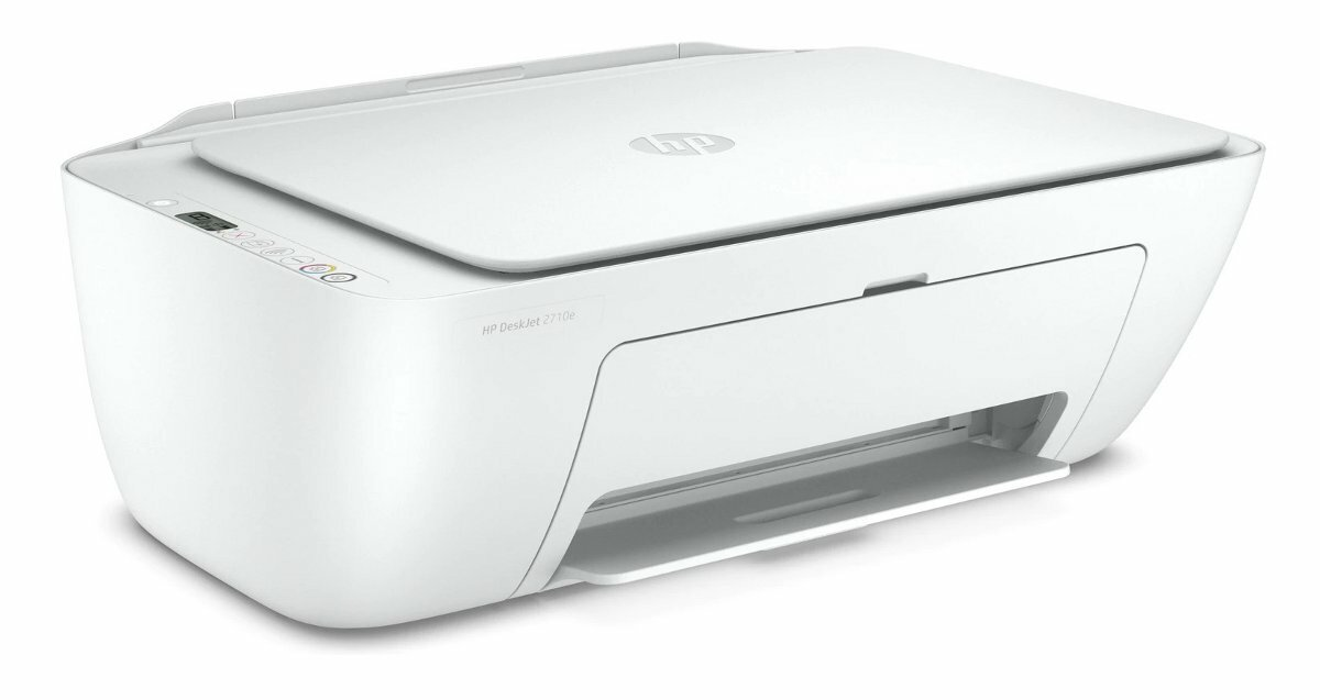 Biała drukarka HP DeskJet 2710e ze skanerem płaskim i podajnikiem papieru.