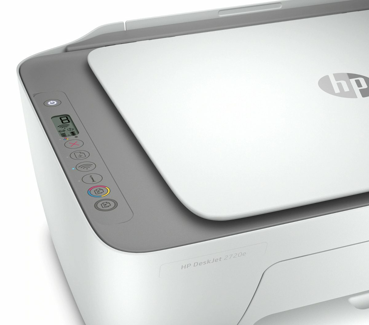 Biała drukarka HP Deskjet 2720e, widok z góry, na białym tle.