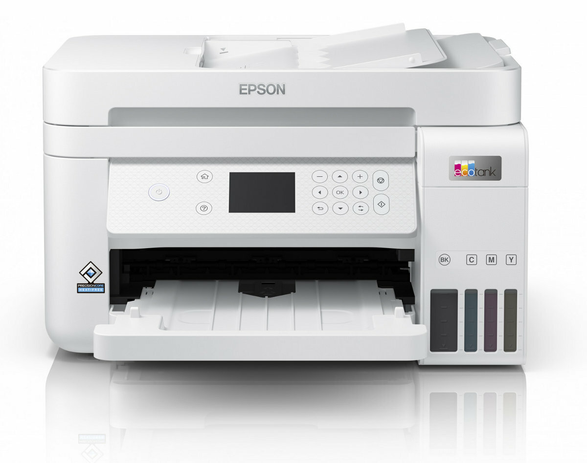 Biała drukarka z otwartą tacą, przyciskami i pojemnikami z kolorowym tuszem.