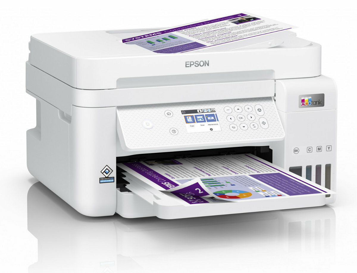 Drukarka Epson, drukująca dokument z tekstem i grafiką oraz zbiornikami z tuszem.