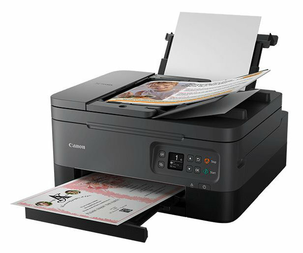 Drukarka Canon drukująca dokument. Drukarka jest czarna i szara.