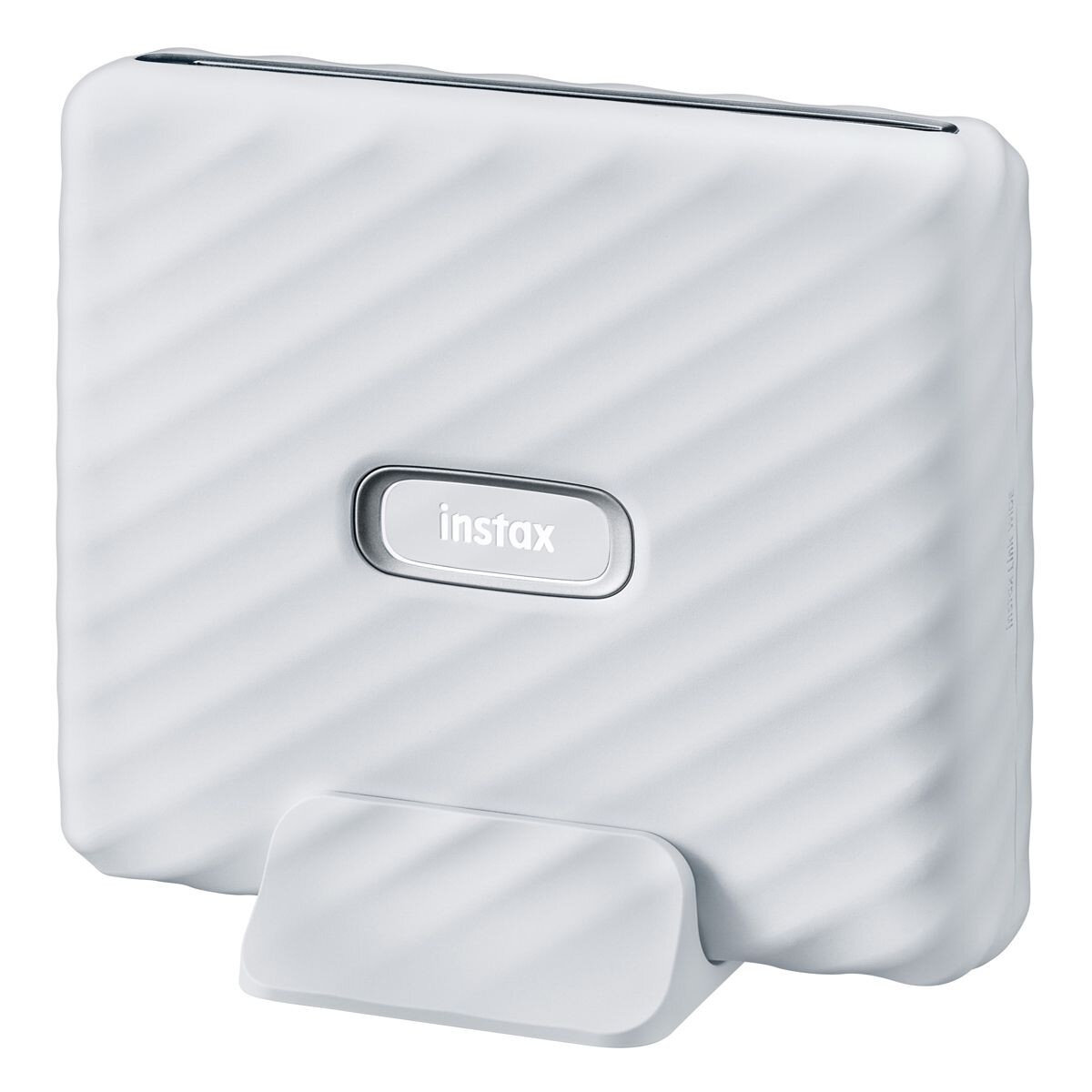 Biała drukarka Instax Link. Biała, teksturowana obudowa ze srebrnym logo 'instax'.