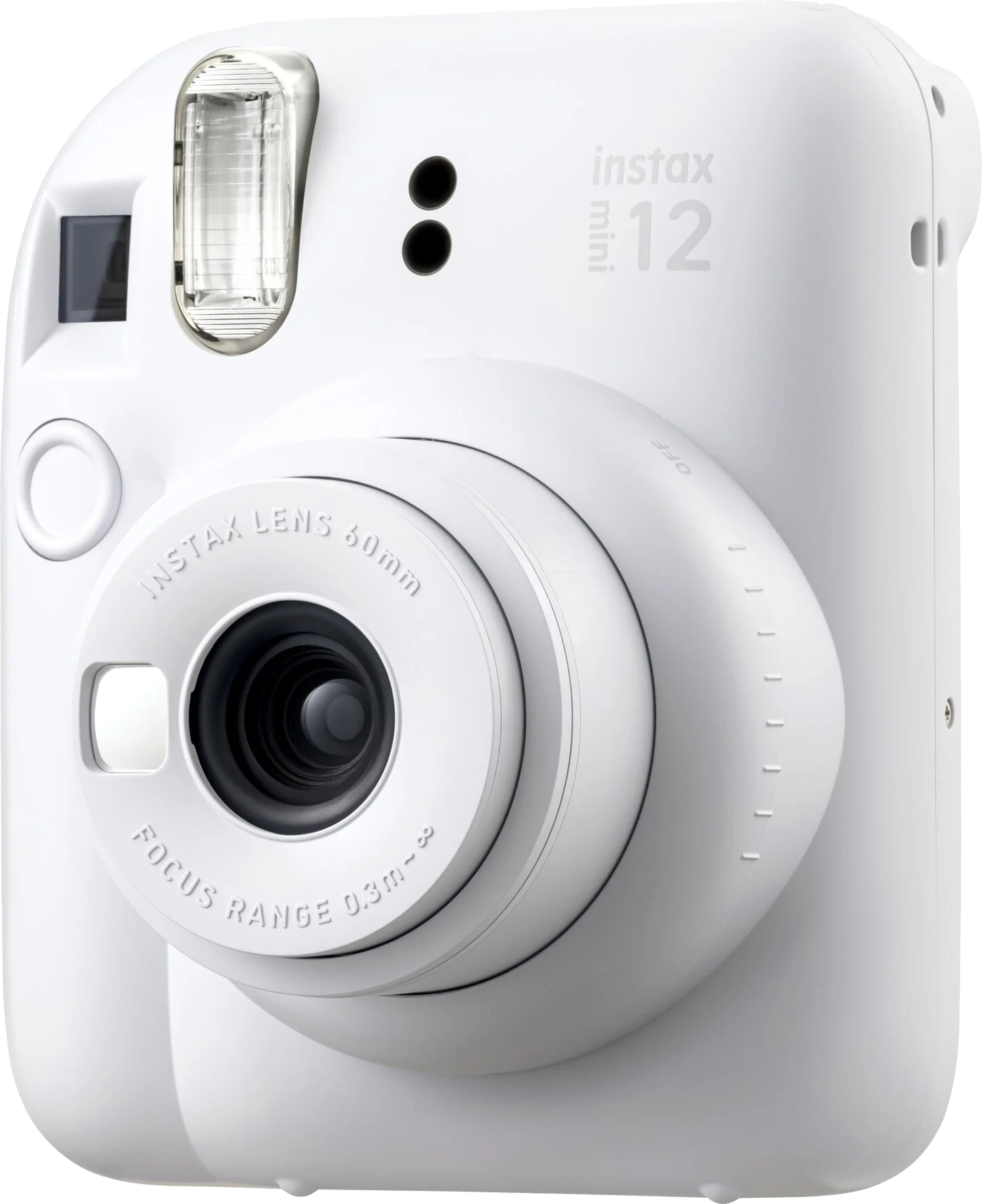 Egy fehér Instax Mini 12 kamera vakuval és nagy objektívvel, közeli felvétel.