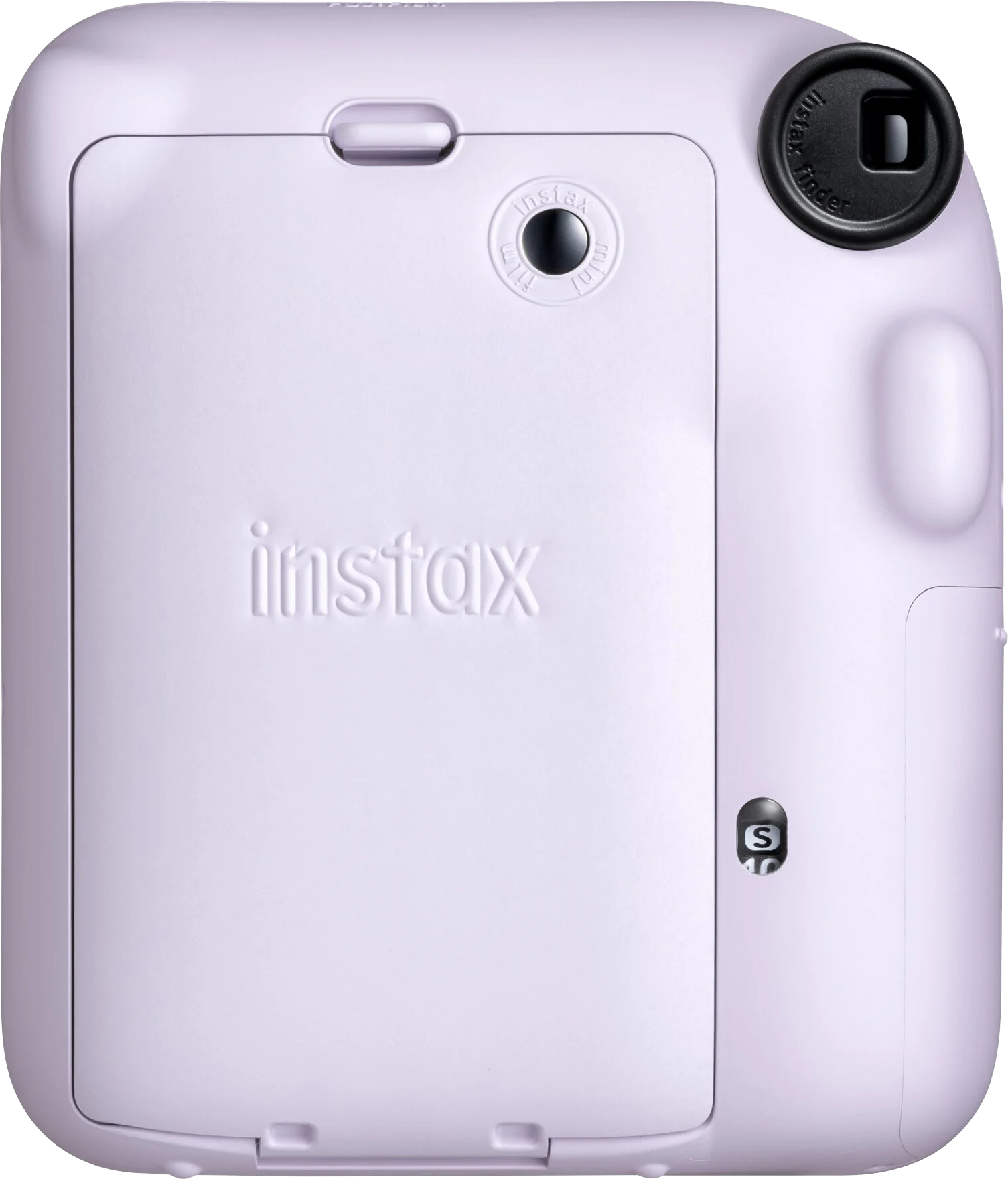 Egy világos lila Instax kamera. A kamera hátulja látható, az Instax logóval.