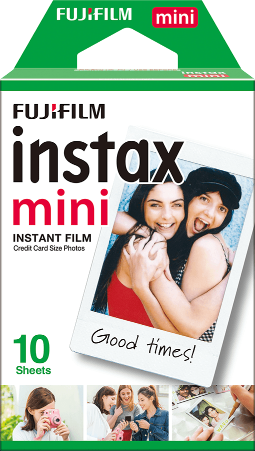 Instax Mini film doboz. Két lány a fotón. Szöveg: 'Good times!'.