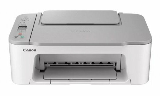 Drukarka Canon Pixma, biało-szara, ze skanerem na górze i podajnikiem papieru z przodu.