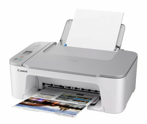 Biało-szara drukarka Canon z wyjściem papieru.