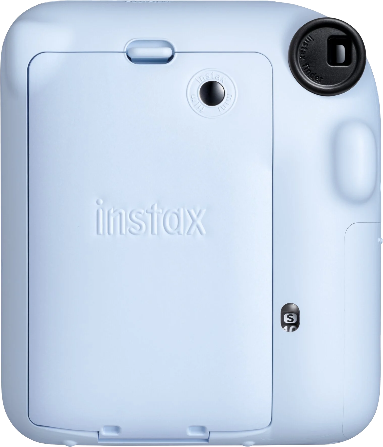 Egy világoskék Instax kamera hátulja, a filmajtót és a beállításokat mutatva.