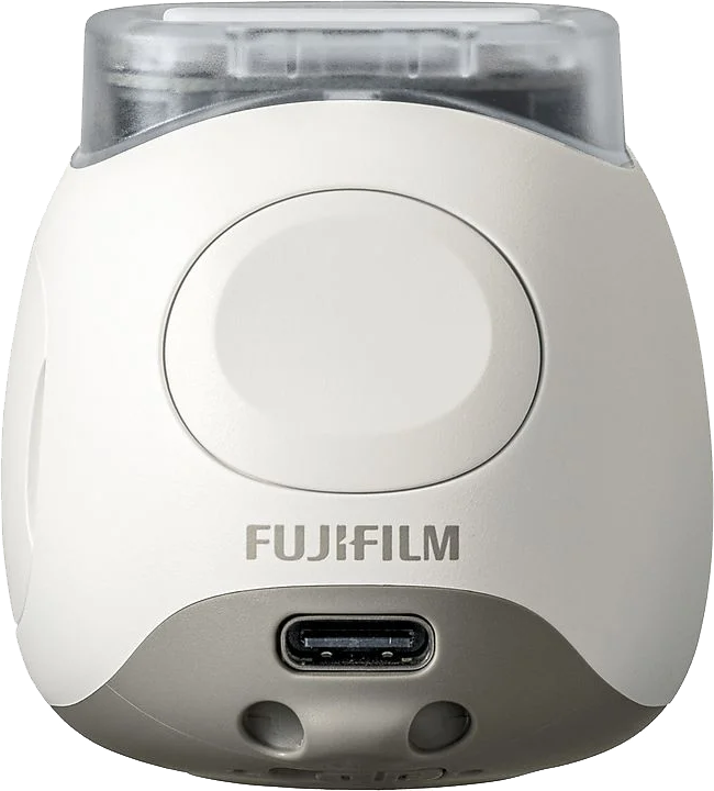 Fehér Fujifilm kamera szürke szegéllyel. Fehér háttér.