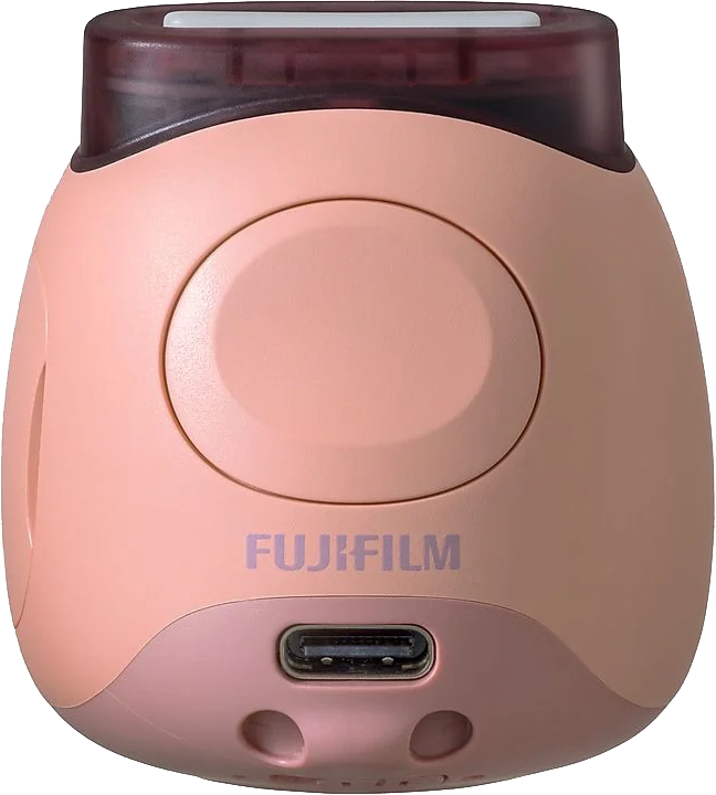 Egy rózsaszín kamera lencsével, töltőporttal és a Fujifilm logóval az elején.