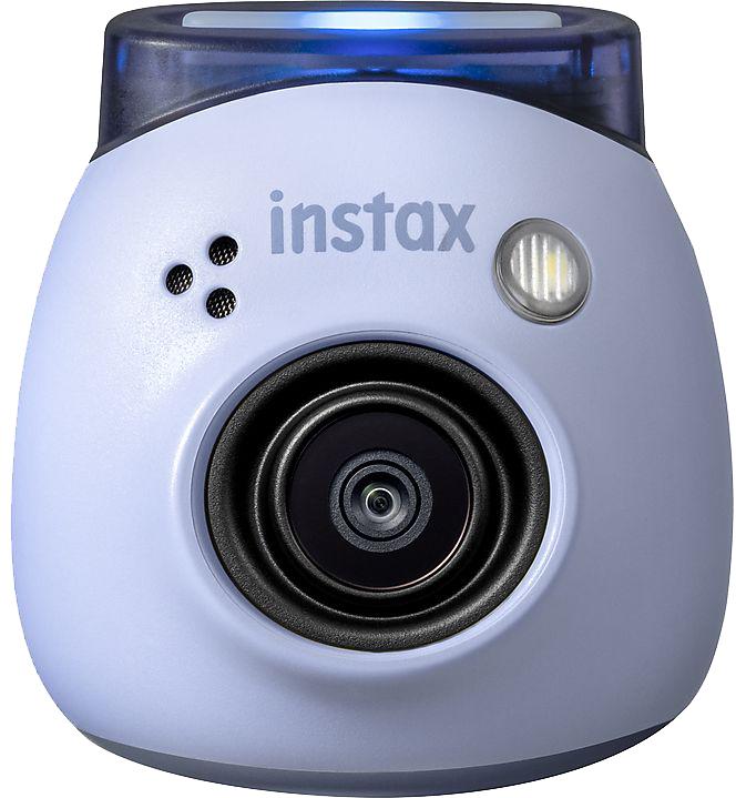 Egy világoskék Instax kamera eleje, a lencsét és a vakut mutatva.