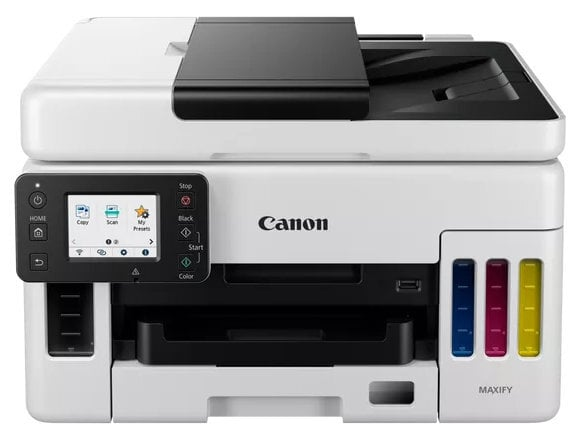 Biała drukarka Canon Maxify z panelem sterowania, pojemnikami na tusz i podajnikiem papieru. Czarno-biały design.