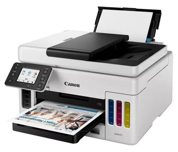 Drukarka Canon Maxify z podajnikiem papieru. Drukowana strona jest wyjmowana.