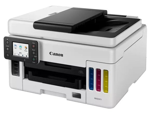 Drukarka Canon ze zbiornikami na tusz i ekranem LCD.