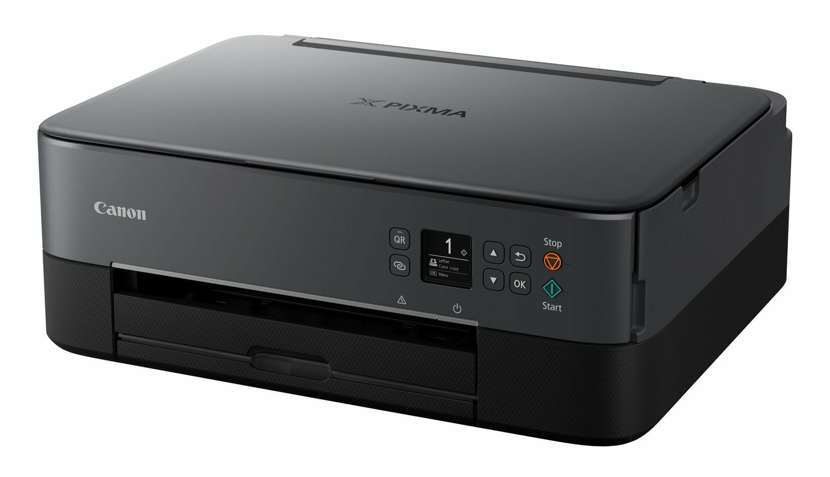Drukarka Canon Pixma, czarna z górną pokrywą i przednią szufladą na papier. Wyświetla ekran i przyciski.