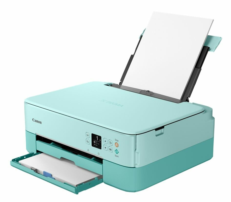Turkusowo-biała drukarka Canon z papierem w tacy wyjściowej i podniesioną tacą wejściową.