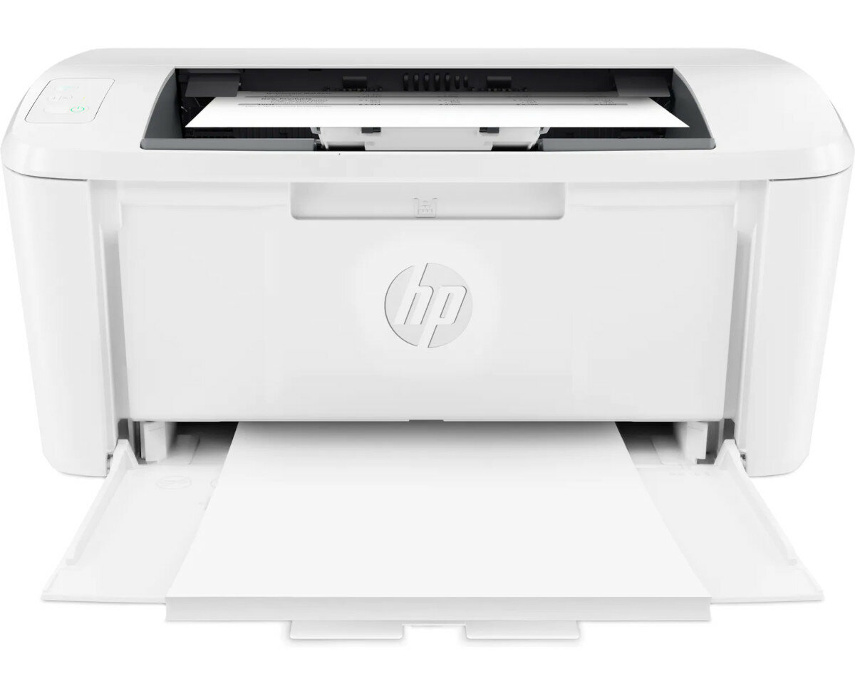 Biała drukarka HP z otwartą tacą na papier i kartką w środku. Logo HP widoczne.