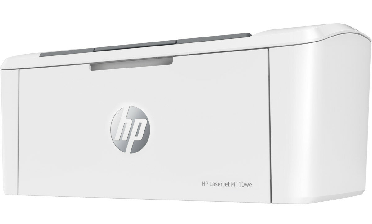 Biała drukarka laserowa HP z logo HP z przodu. Drukarka znajduje się na białym tle.