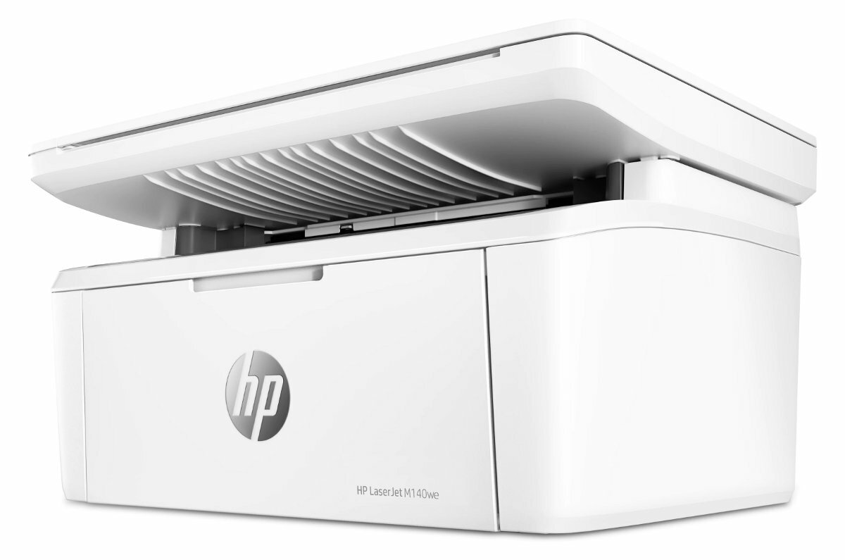 Biała drukarka HP LaserJet z otwartą pokrywą. Zawiera logo HP i nowoczesny design.