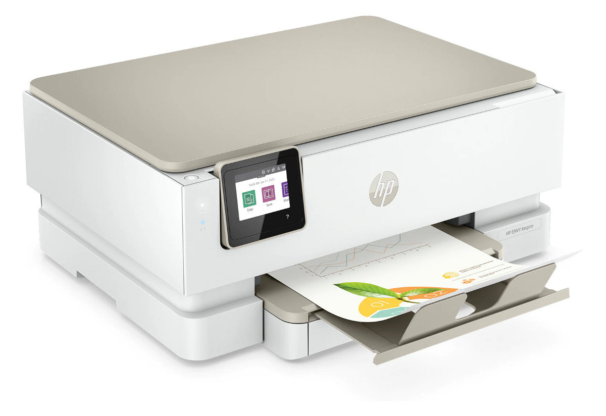 Biała drukarka HP z ekranem i podajnikiem papieru, z którego wychodzi kartka.