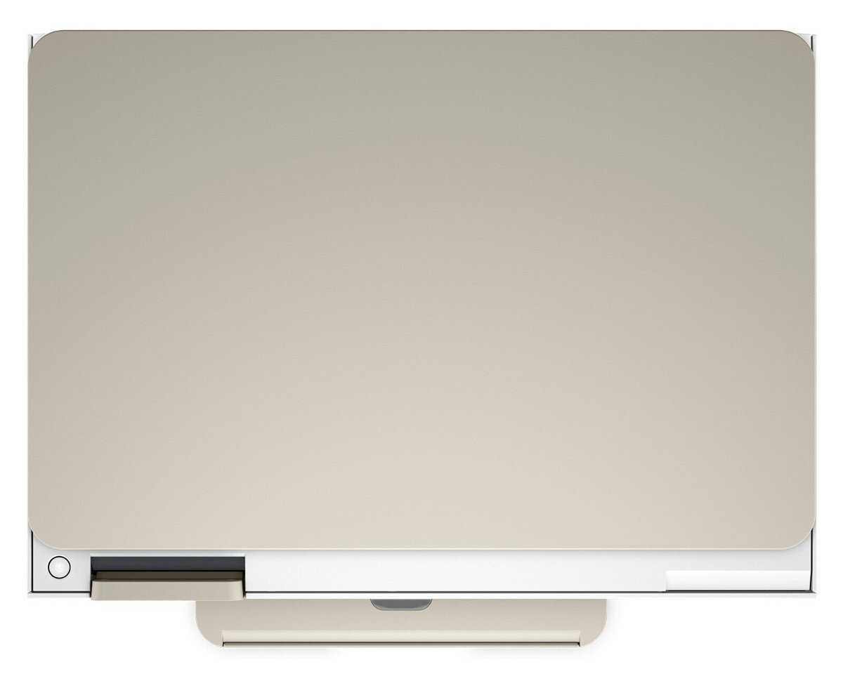 Widok z góry na beżową drukarkę z podajnikiem papieru i małym wyjściem papieru.