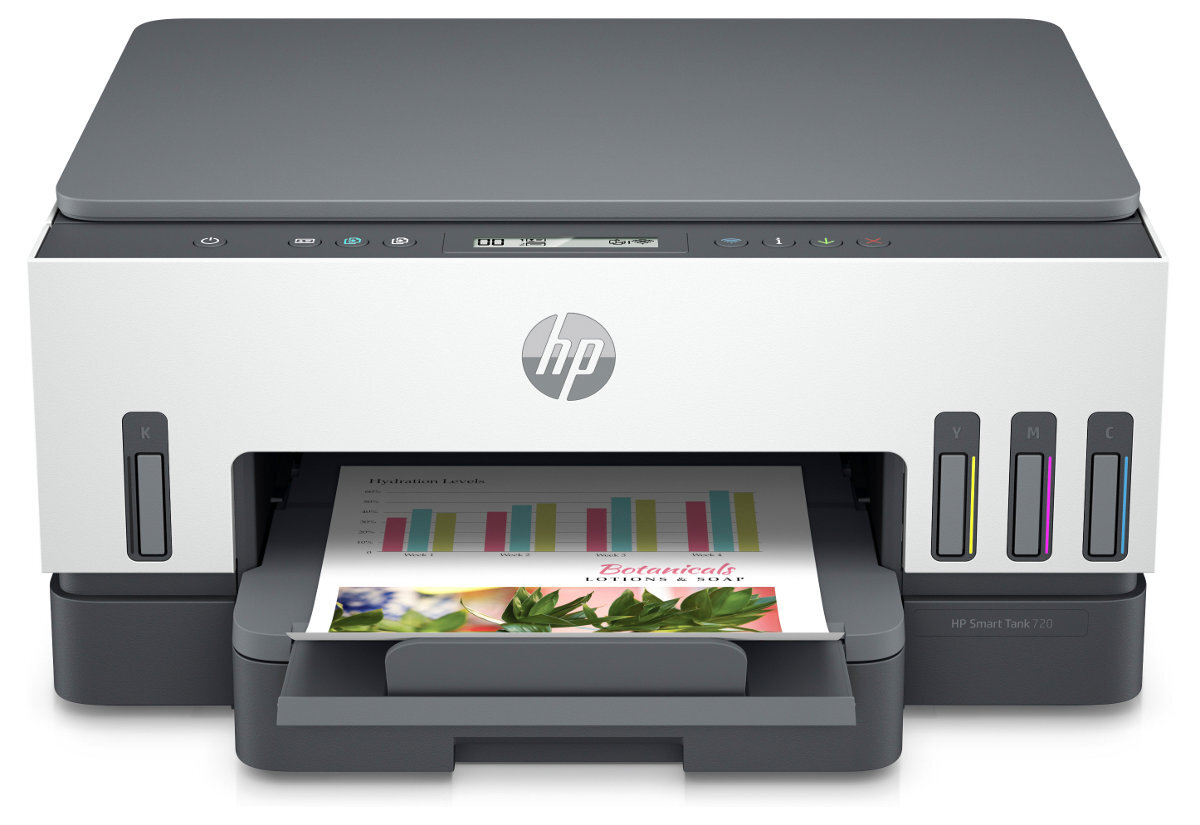 Drukarka HP Smart Tank 720. Jest biało-szara i drukuje wykres. Zbiorniki z tuszem są po prawej stronie.