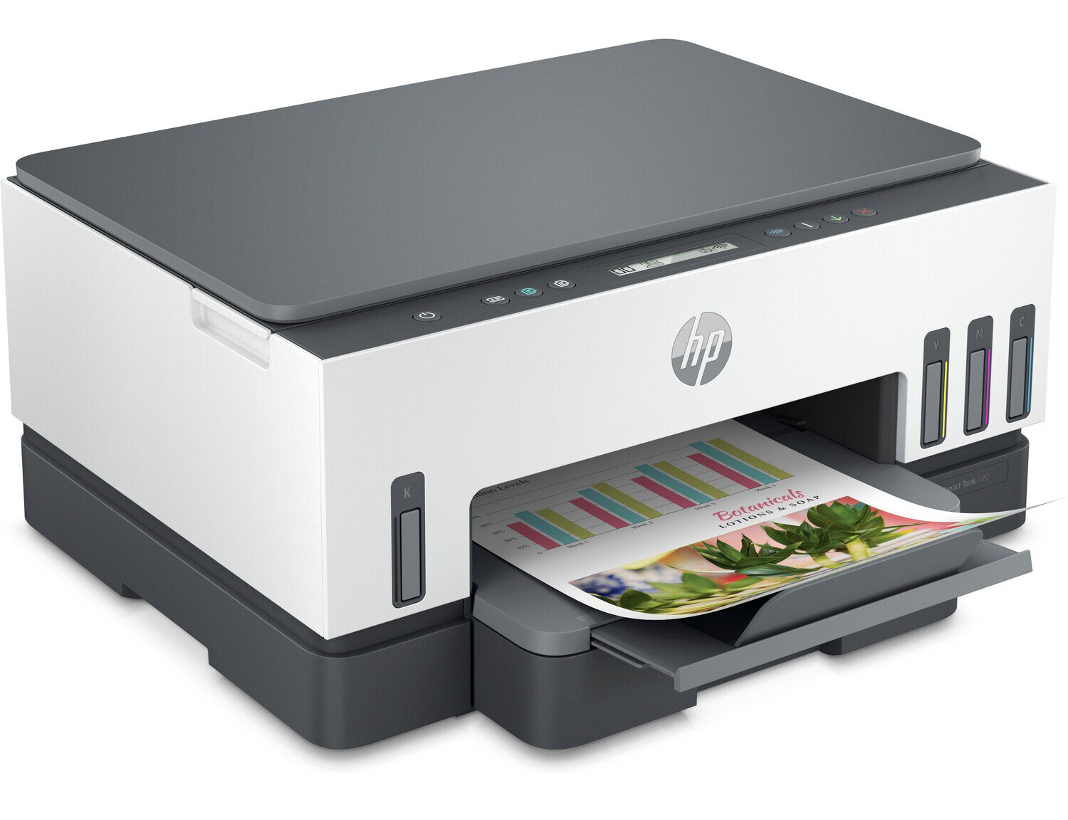 Biało-szara drukarka HP drukująca kolorowy dokument. Taca na papier otwarta, z logo HP.