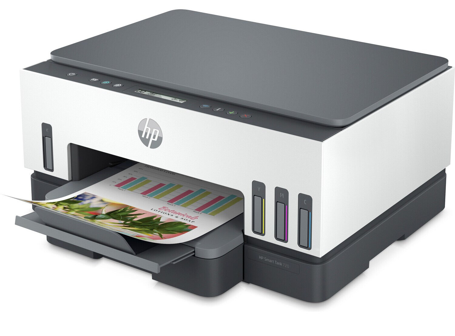 Drukarka HP z wydrukiem pokazującym wykres. Widoczne wkłady atramentowe.