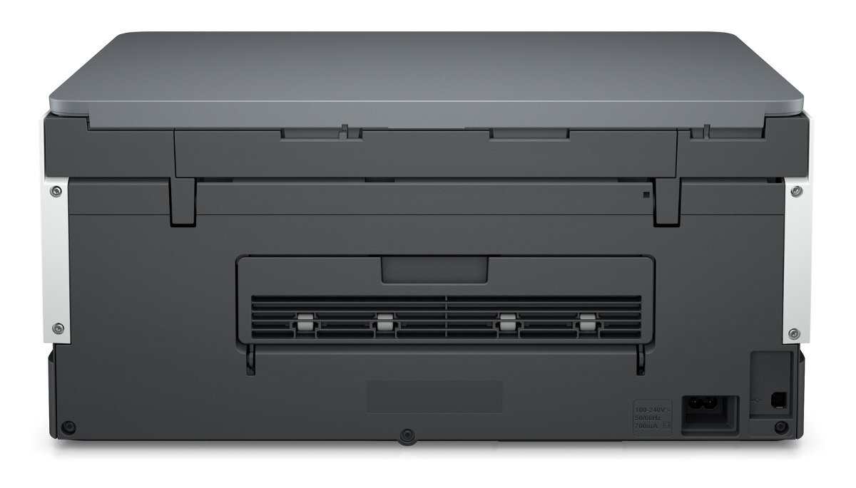 Widok z tyłu drukarki z kablem zasilającym i portami.