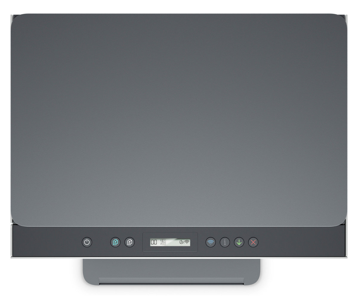 Widok z góry na szarą drukarkę z przyciskami i podajnikiem dokumentów.