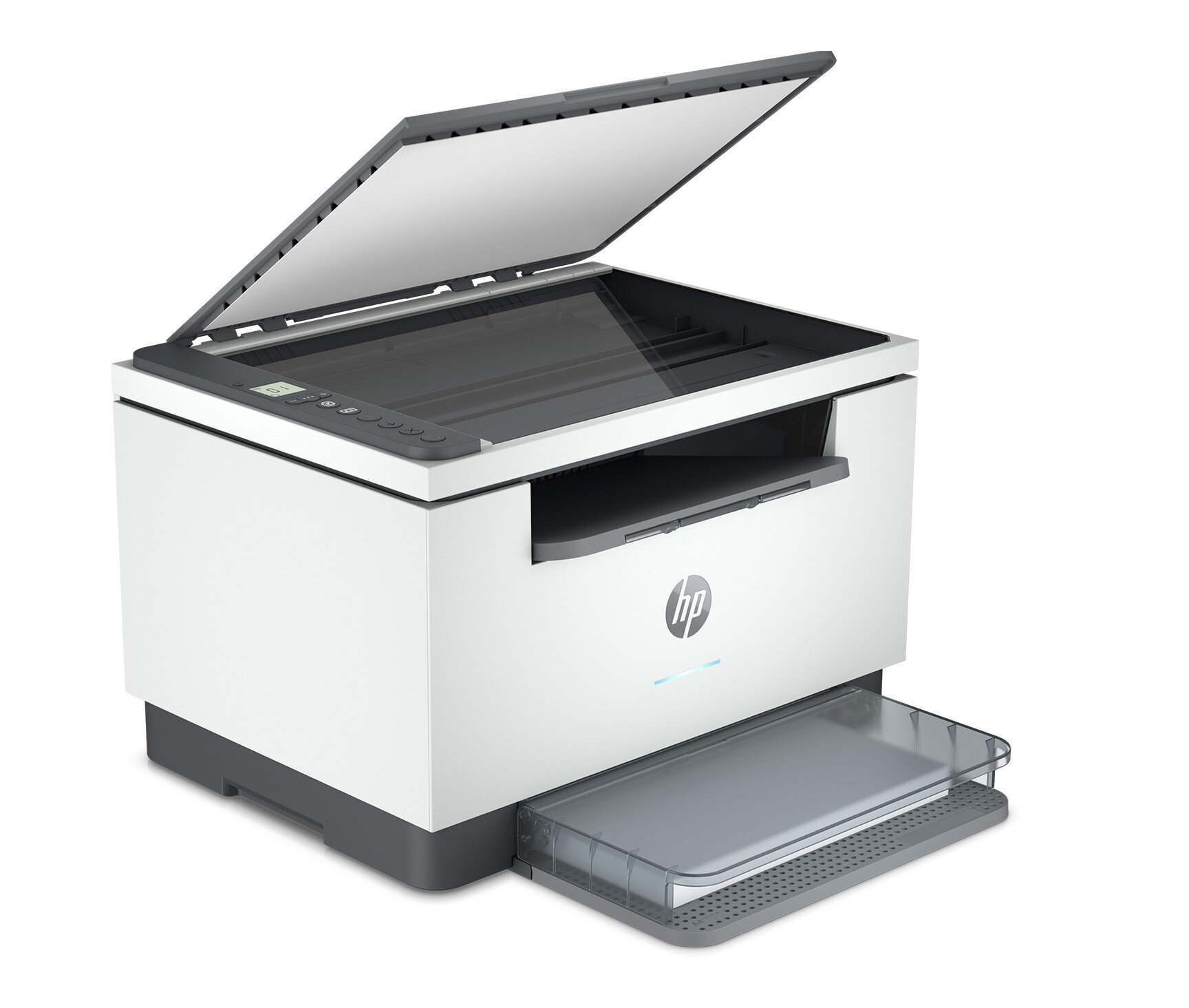 Biało-szara drukarka HP z otwartą pokrywą i wysuniętą tacą na papier, na białej powierzchni.