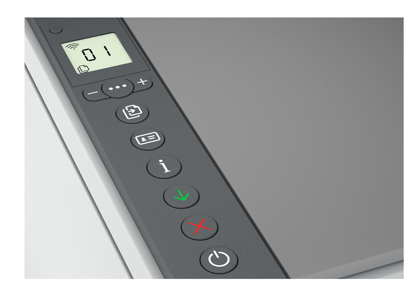 Zbliżenie panelu sterowania drukarki z przyciskami i wyświetlaczem.