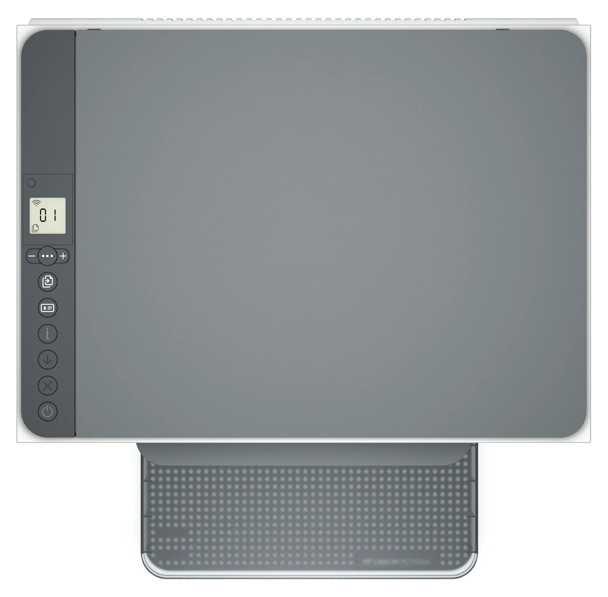 Widok z góry na szarą drukarkę z tacą.