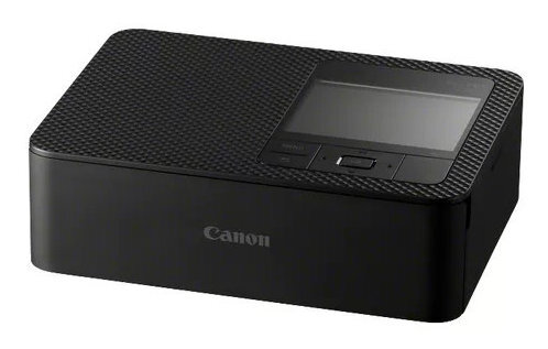 Czarna drukarka Canon z ekranem i teksturowaną powierzchnią górną.