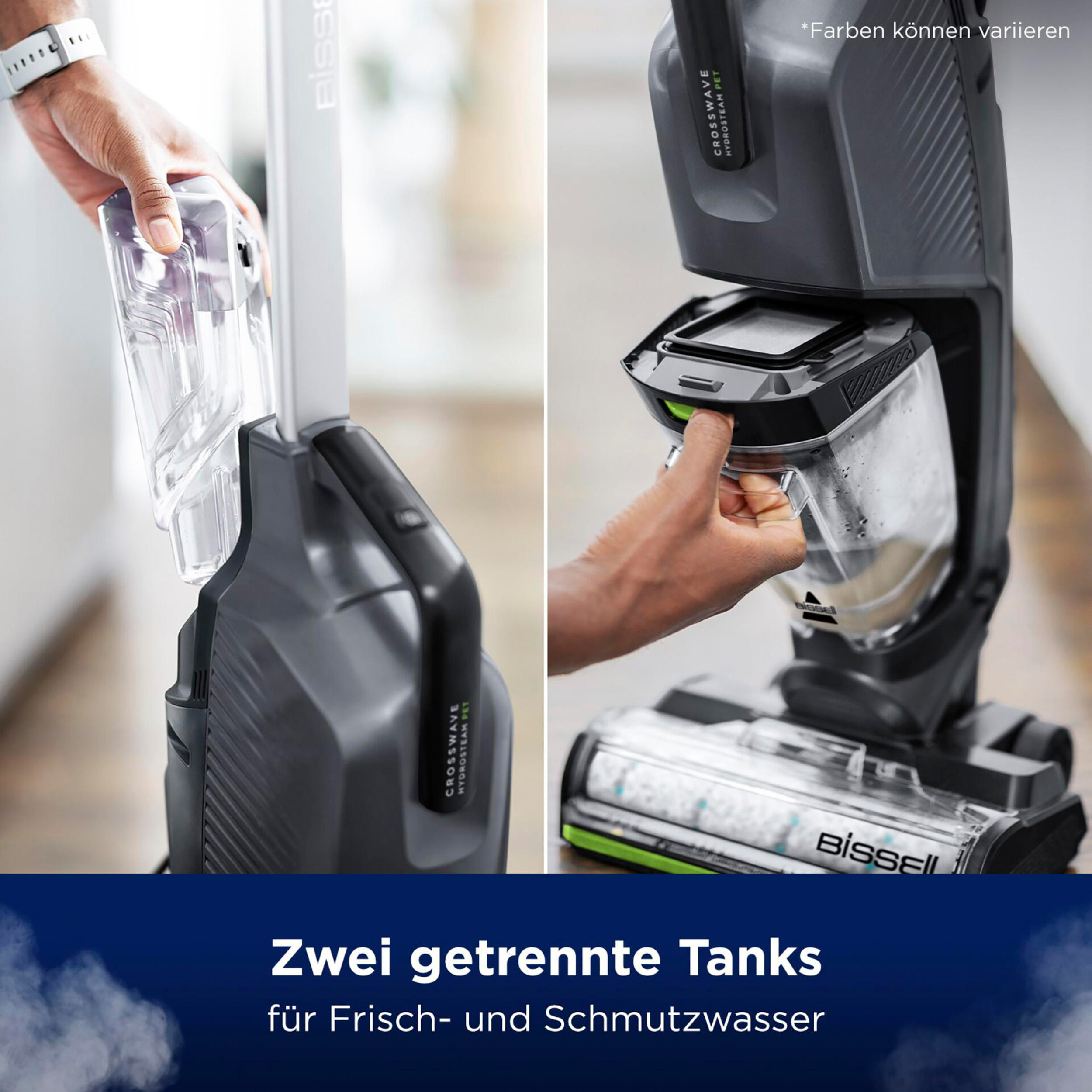 Zwei Bilder eines Bissell CrossWave HydroSteam Pet. Zeigen die Tanks und die Reinigung.