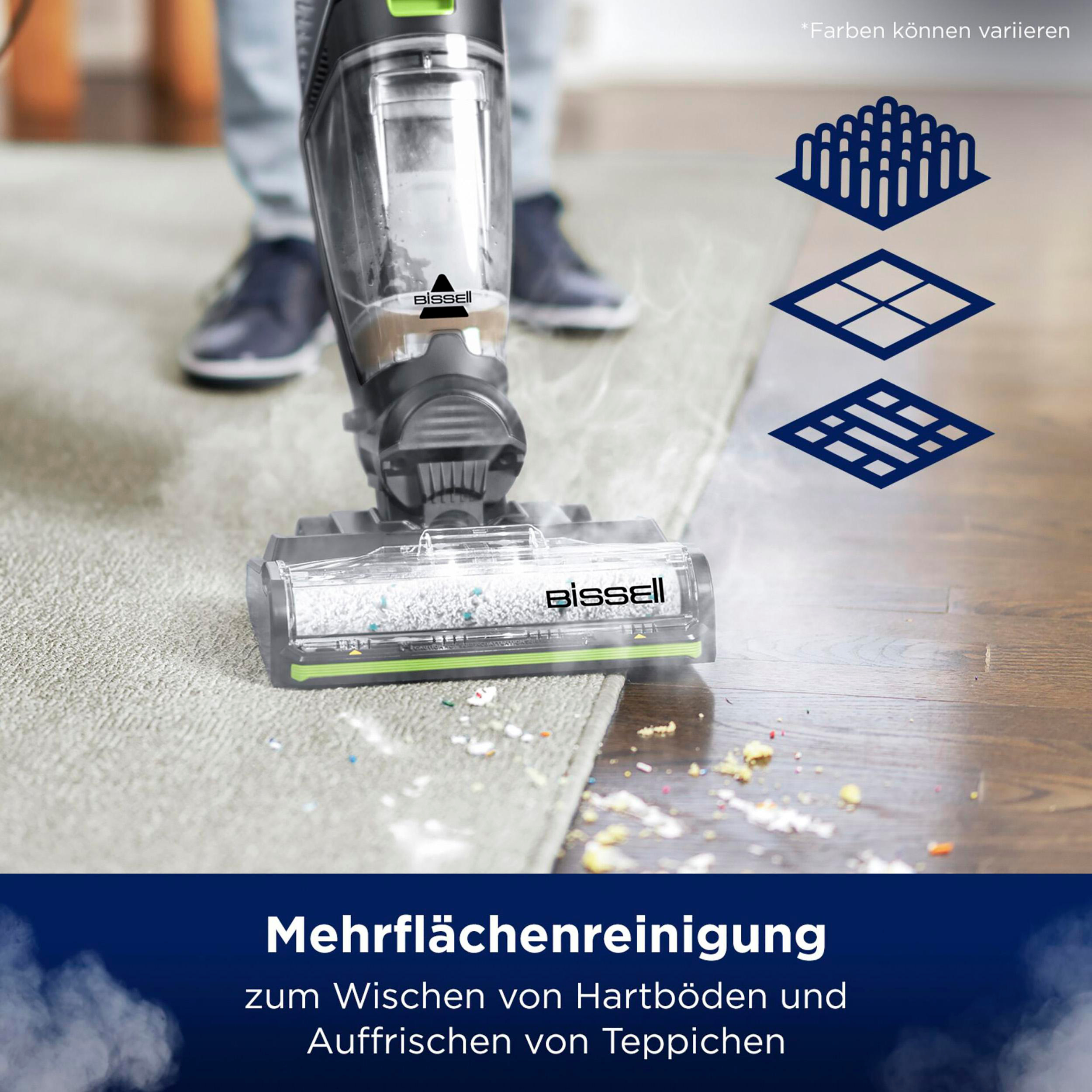 Eine Person reinigt einen Teppich mit einem Staubsauger. Der Staubsauger hat Lichter und Text.