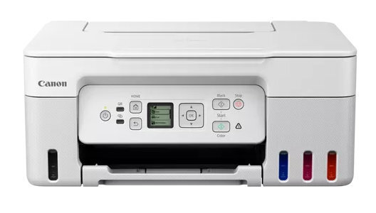 Biała drukarka Canon z przyciskami i ekranem. Widoczne zbiorniki z tuszem.