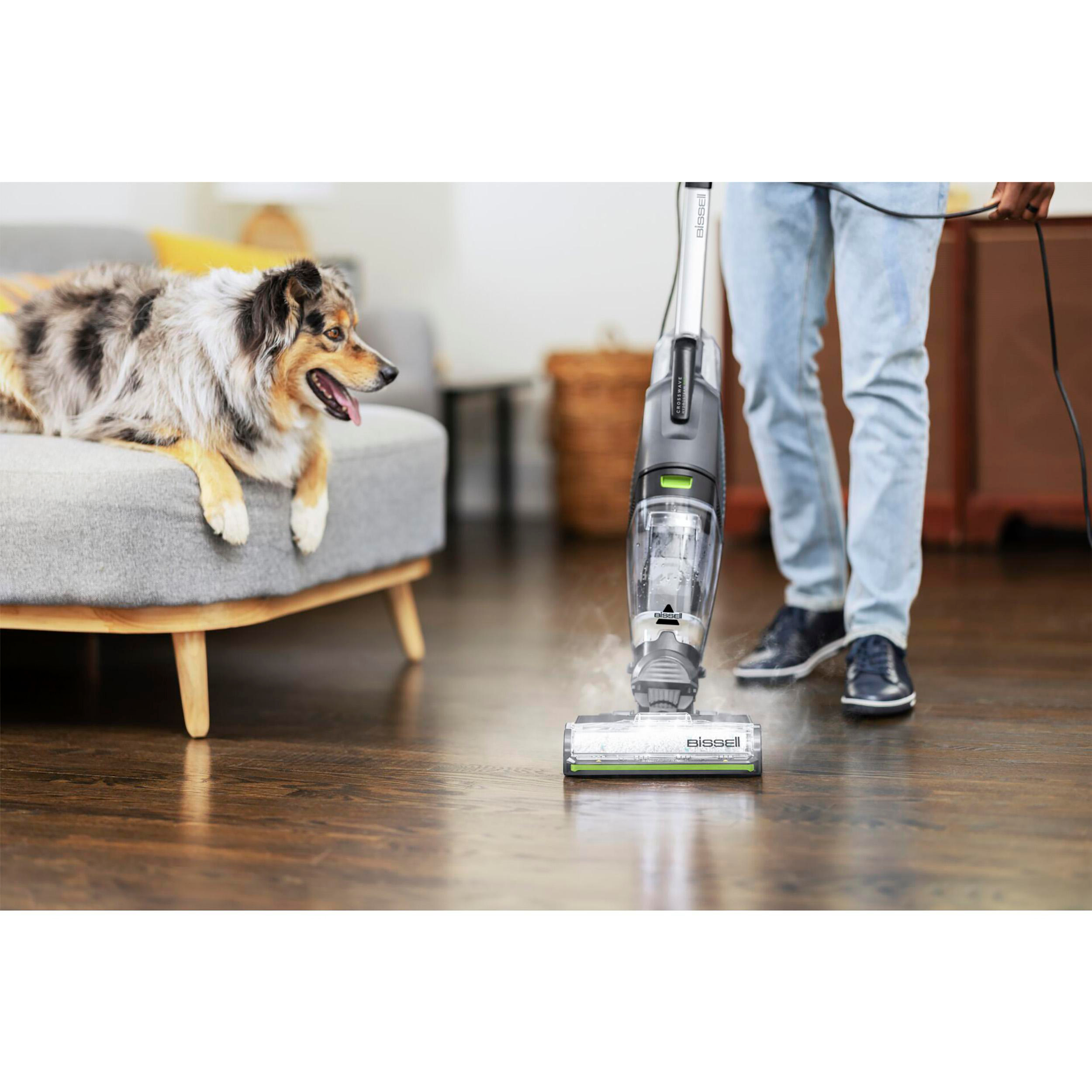 Mann benutzt Staubsauger auf Holzboden, Hund auf Couch.