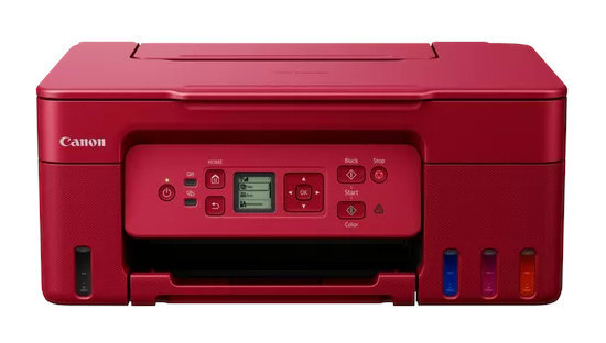 Czerwona drukarka Canon z przyciskami i wkładami atramentowymi. Widok z przodu.