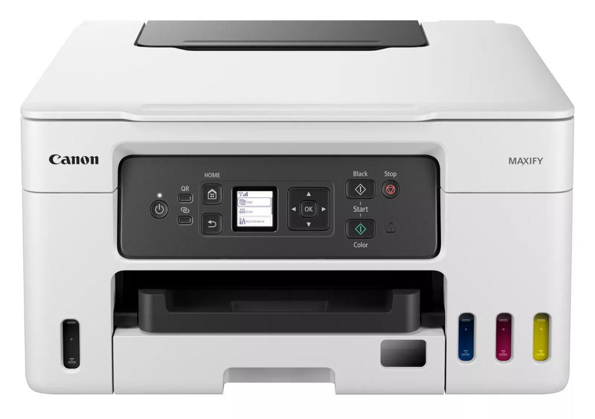 Drukarka Canon Maxify, biała z czarnymi elementami sterującymi i widocznymi wkładami z tuszem.