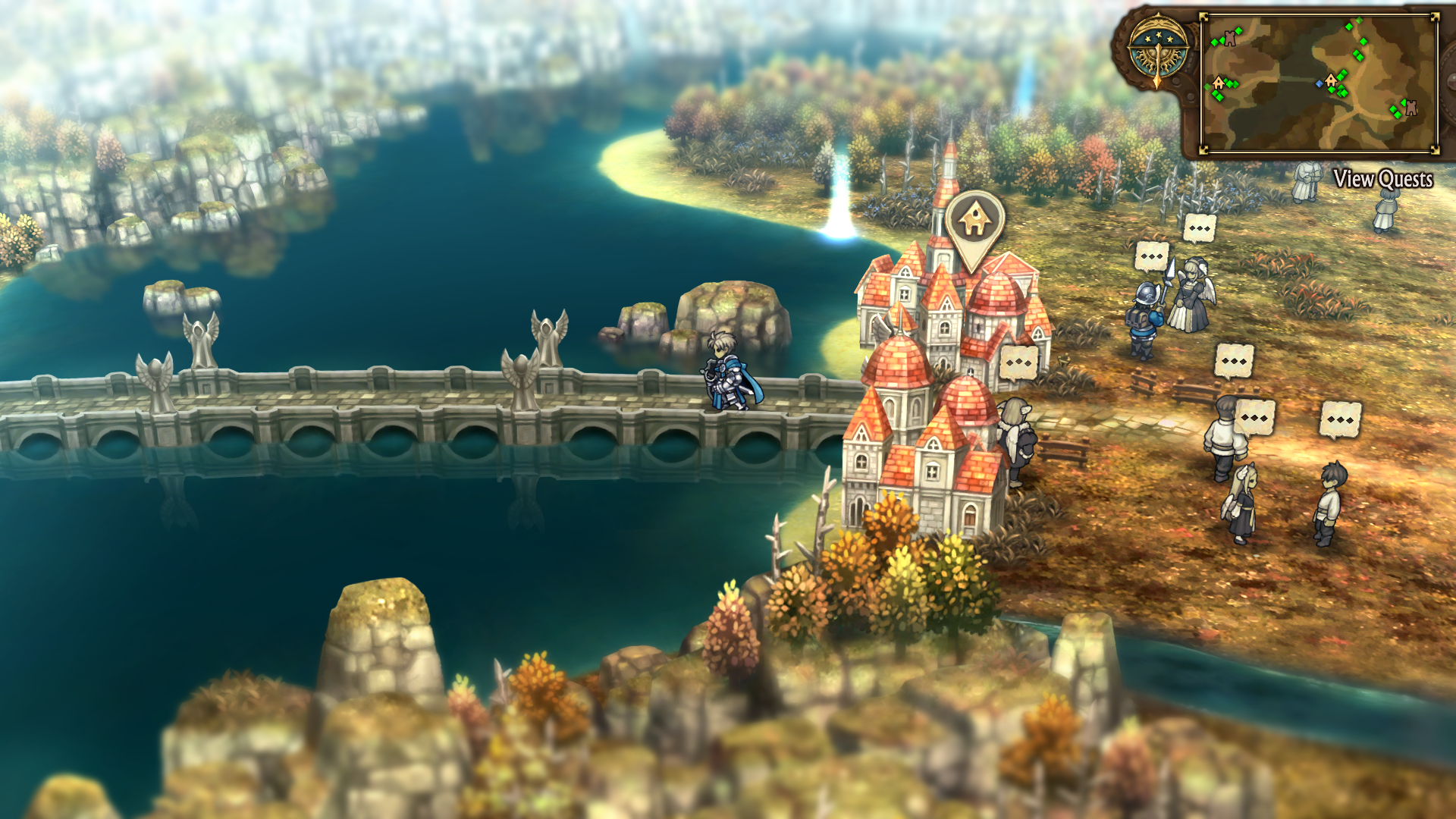 Une scène de jeu avec un pont, une ville et des personnages.