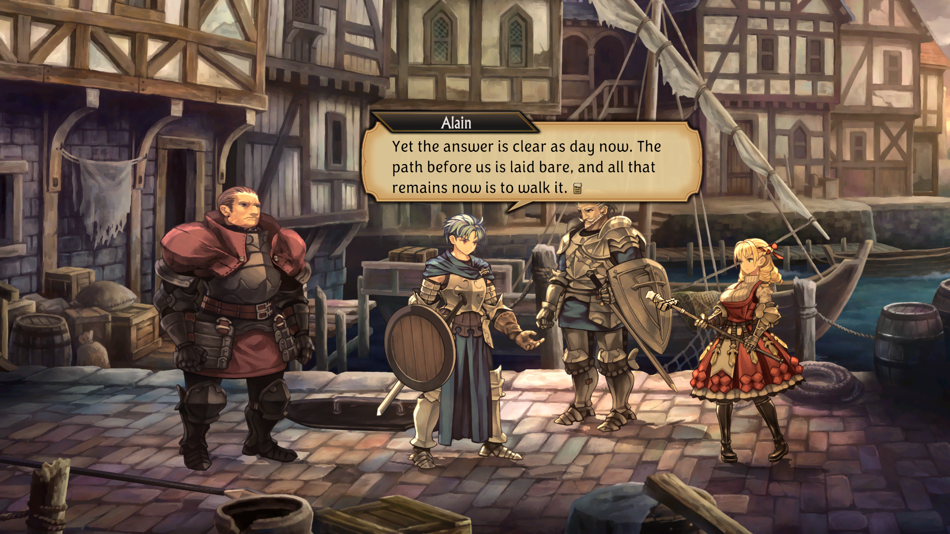 Scène de fantaisie médiévale avec quatre personnages conversant sur une place. Bulle de dialogue.
