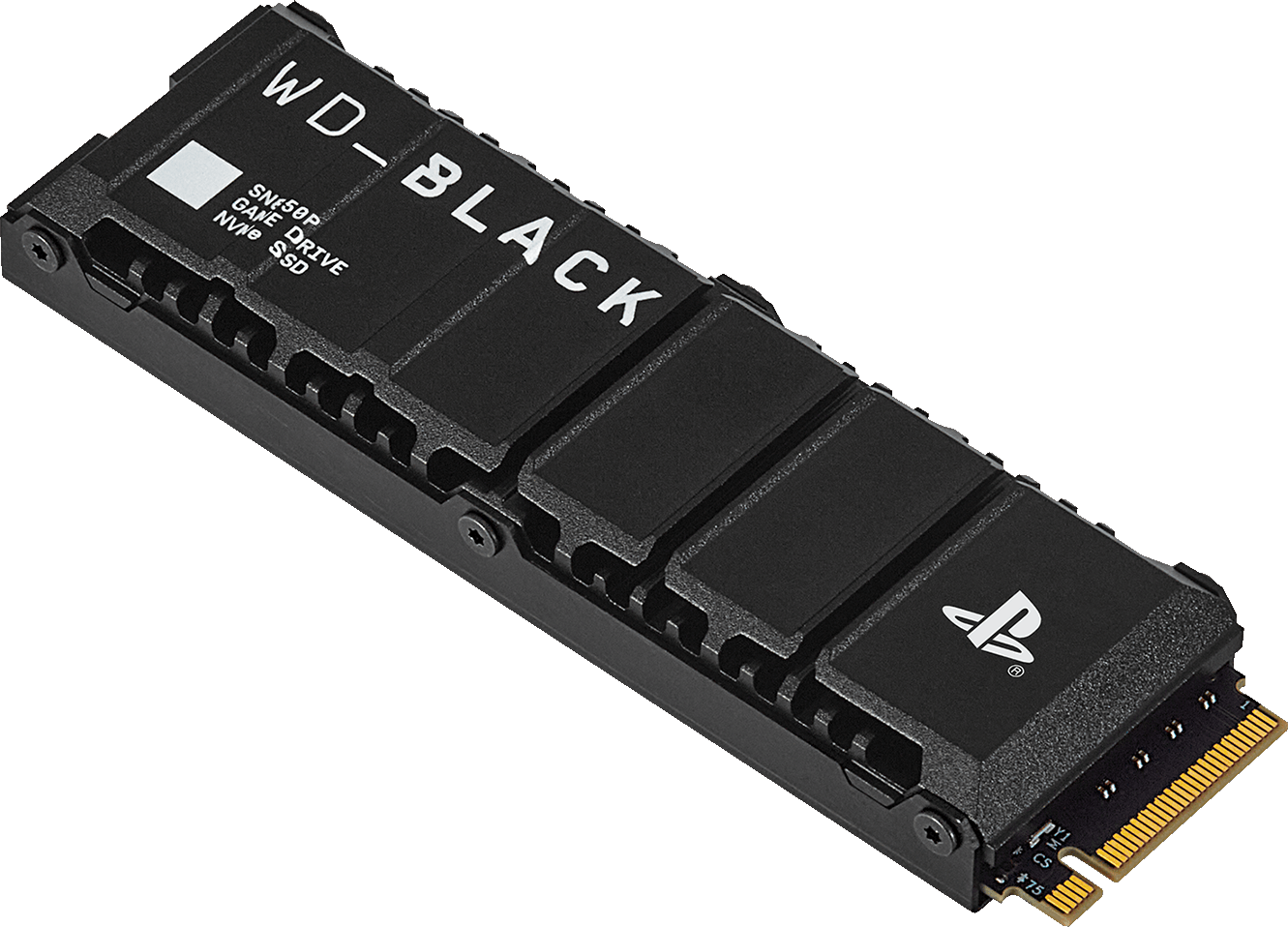 Schwarze WD_BLACK NVMe SSD für PlayStation. Enthält weißen Text und PlayStation-Logo auf schwarzem Hintergrund.