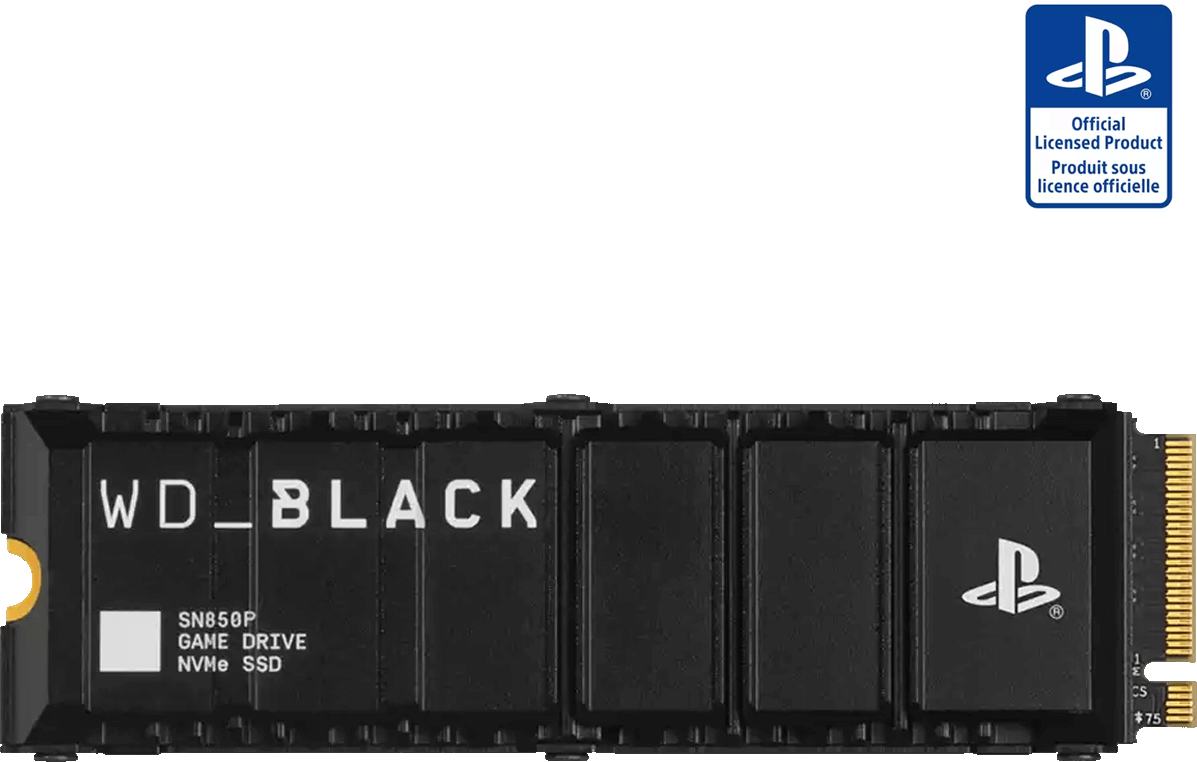 Schwarze SSD mit weißem Text und Playstation-Logo, vor schwarzem Hintergrund. Offizielles Lizenzprodukt.