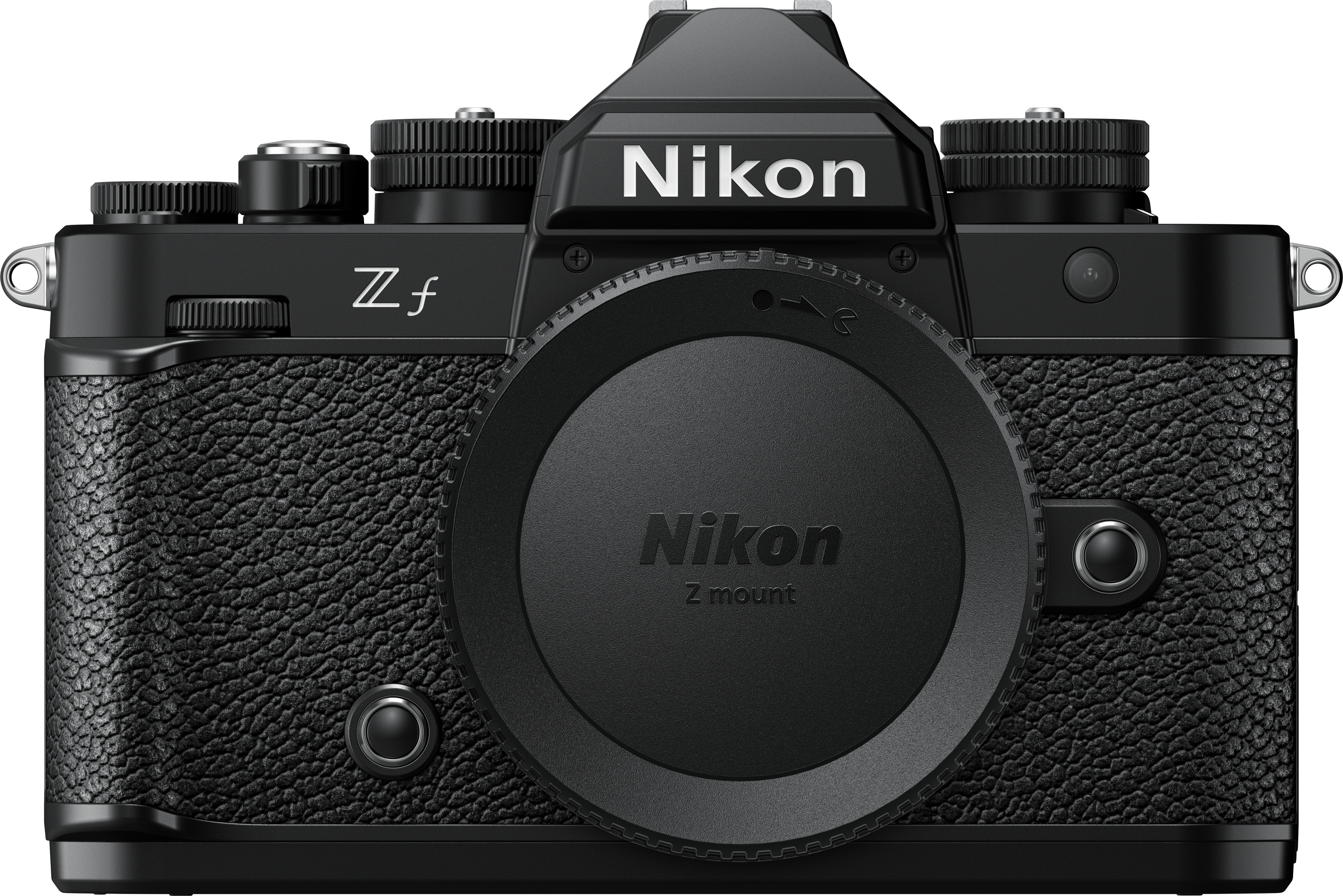 Appareil photo Nikon Z f noir. Poignée en cuir, bouchon d'objectif et logo Nikon. Vue de dessus, studio.